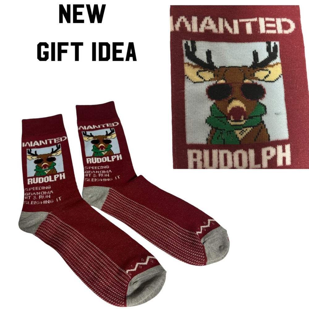 Xmas Socks Rudolph WANTED FOR RUNNING OVER G’MA NWOT
